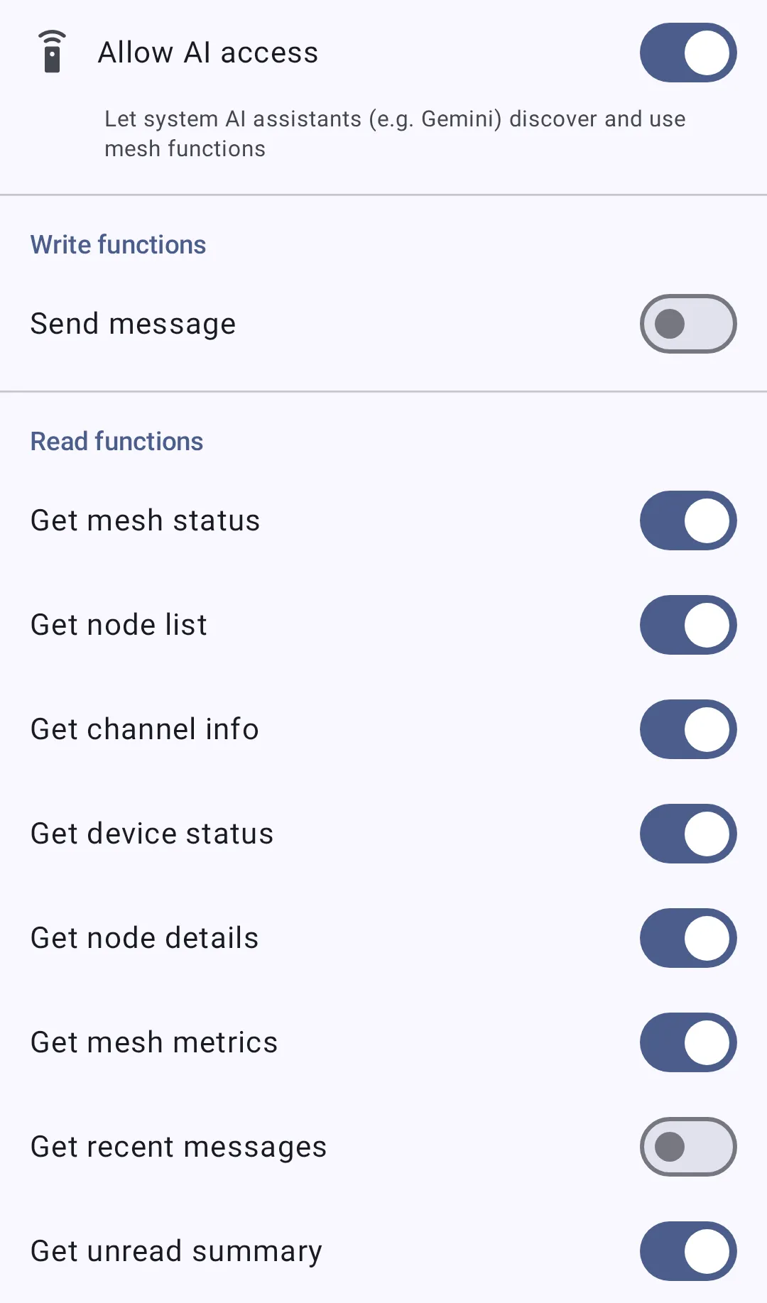 App Functions screen with master and per-function toggles
