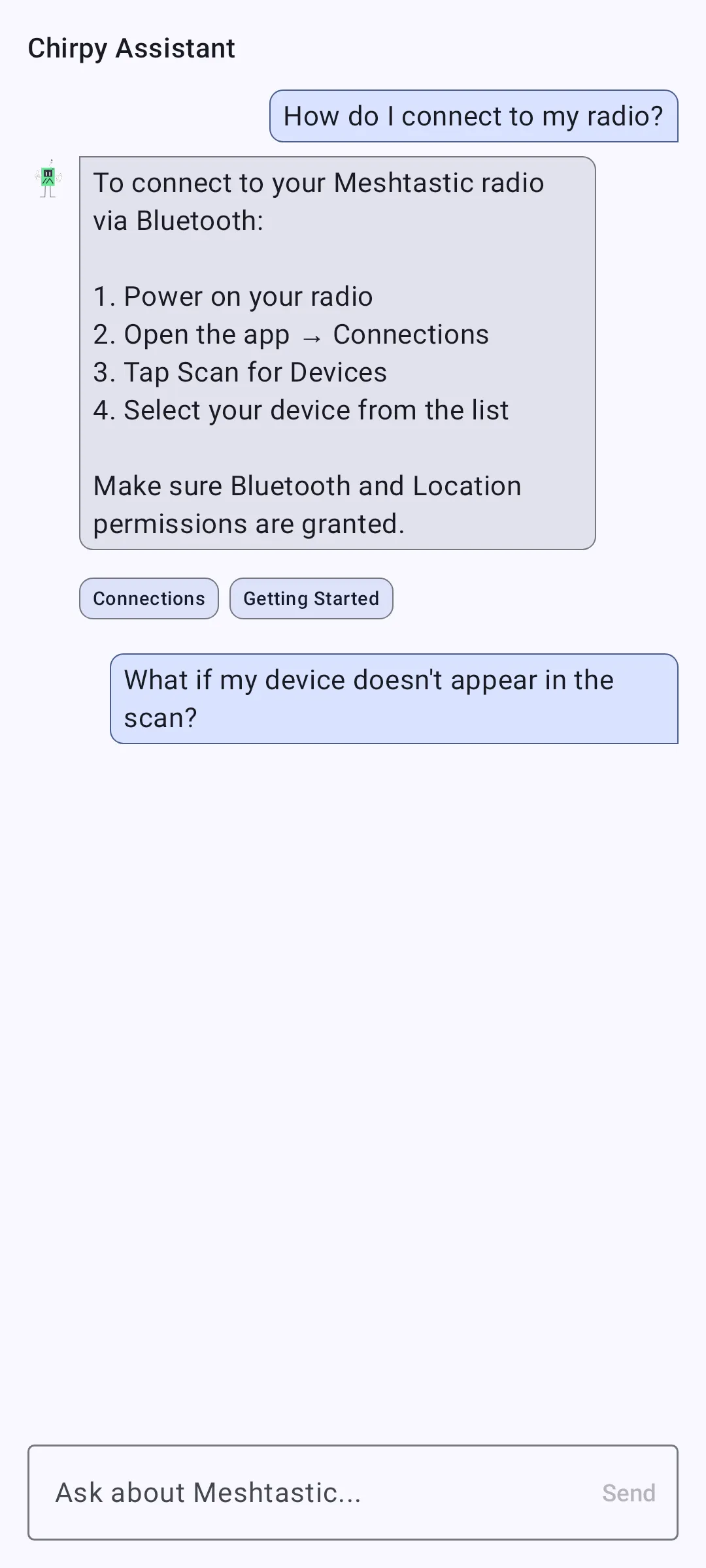 Chirpy AI assistant answering a question with page links