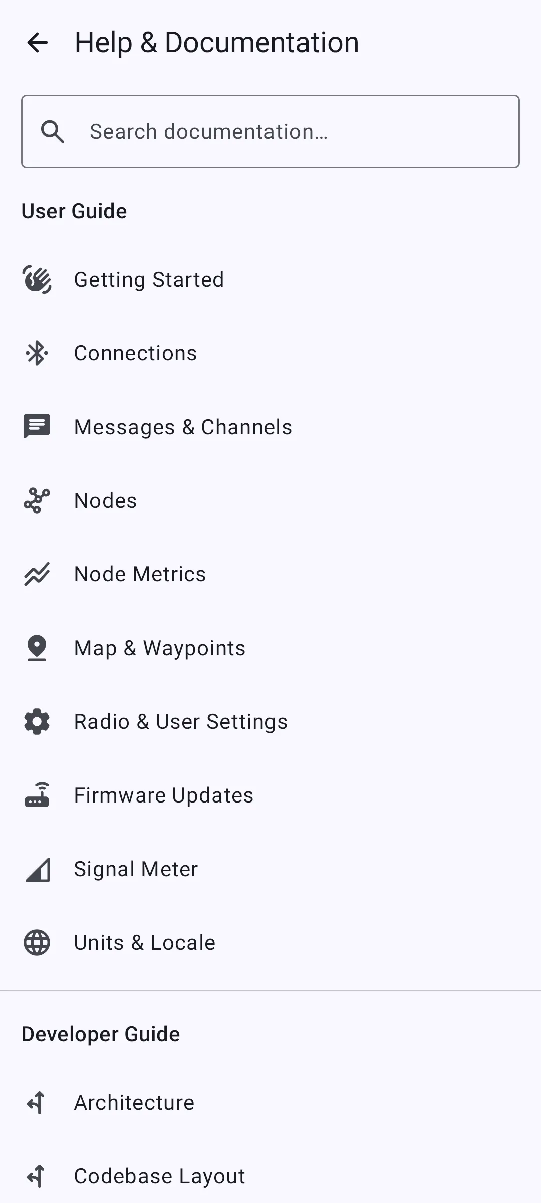 In-app documentation browser table of contents