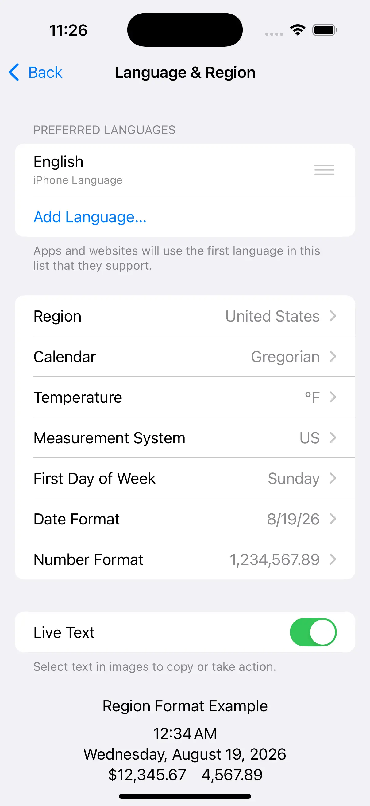 Language &amp; Region settings