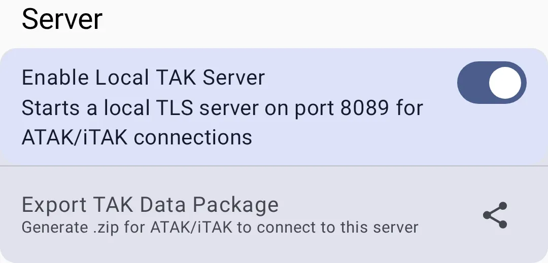 Local TAK Server settings with enable toggle and export option